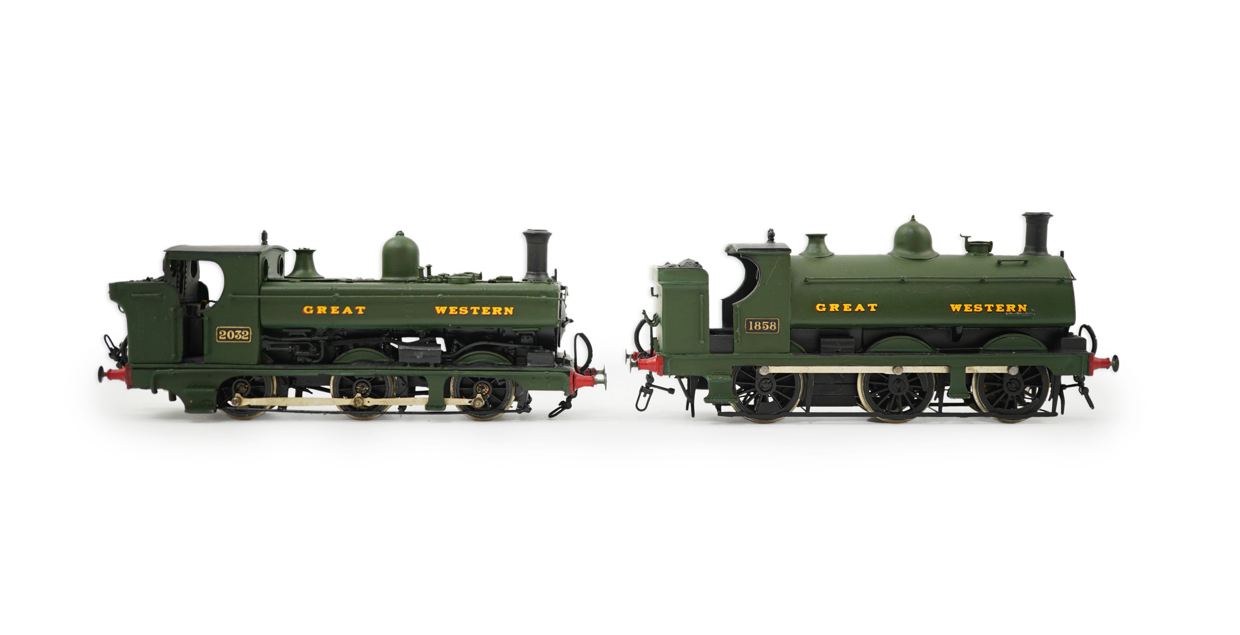 Two 00 gauge brass and white metal kit built GWR tank locomotives; a 2021 class 0-6-0PT, 2032, together with an 1854 class 0-6-0ST, 1858, constructed, painted and lined to a high standard, both motored for two rail opera